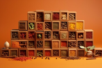 Diverse Spices colorful top view in different boxes. Aroma spice powder herb vibrant. Generate Ai
