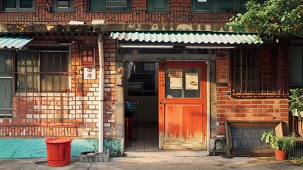 A detailed visual of a traditional Taiwanese house's entrance with vintage aesthetics