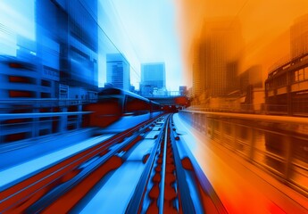 An intense and dynamic cityscape with a motion-blurred train conveying speed and urban life amidst a backdrop of skyscrapers and infrastructure