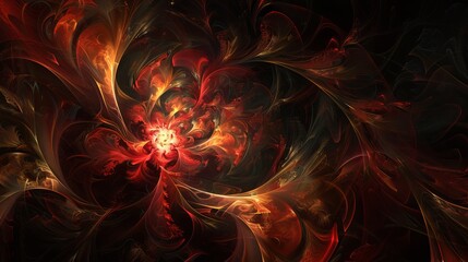 A detailed fractal flame artwork with intricate patterns and a warm color palette provides a sense of mystery and depth