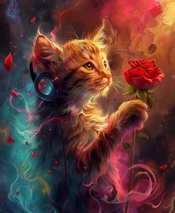 Fantastical artwork of a kitten with headphones and a rose, infused with colorful, magical elements