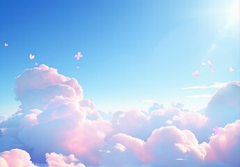 A romantic and dreamy image featuring heart-shaped clouds with pink butterfly accents adorning a soft pastel blue sky