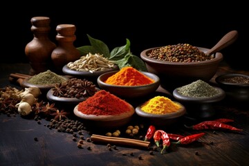 Granulated Spices colorful top view bowl. Nature spicy aroma herb ingredient. Generate Ai