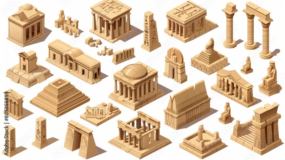 Aufkleber ancient landmarks with pillars and statues isolated on background. modern set of old architecture in