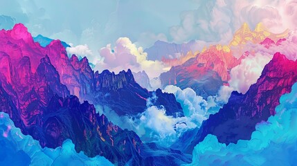 A dreamy digital artwork of a mountain landscape bathed in colorful clouds and serene atmosphere - obrazy, fototapety, plakaty
