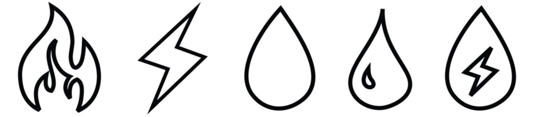 Collection of gas, electricity and water symbols in different line style styles