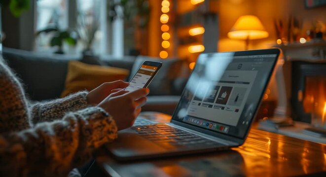 Customer comparing prices on different e-commerce platforms, smart and focused, minimalist