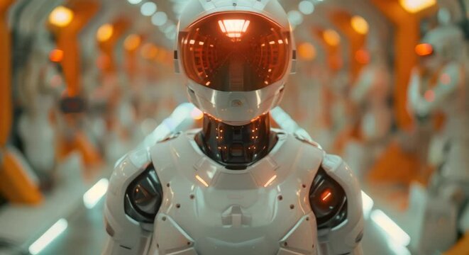 Leadership in robotics and AI development, futuristic lab, minimalist