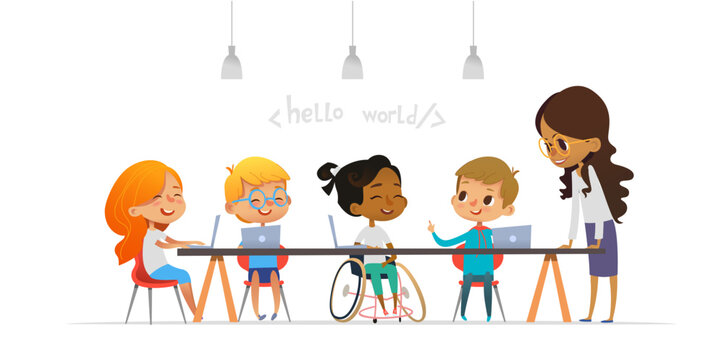 Multicultural children and friendly female teacher are learning together coding during informatics lesson. School inclusive education concept. Vector illustration for website, advertisement.