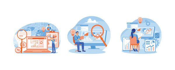 Businessman analyzing infographic charts. Managers study business data. Develop company strategies to increase revenue. Business Intelligence concept. Set flat vector illustration.