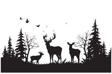 Black silhouette Vector forest and sum deer and bird white background