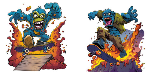 Extreme skateboarding gorilla characters in dynamic poses. Expressive Gorilla characters skateboarding on a exploding volcano. scenes with fire, speed, and attitude on a transparent backgrou