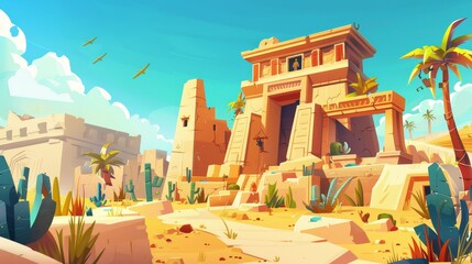 Travel and archeology website templates with cartoon tourists exploring ancient tombs and artifacts, studying culture and history, and having adventures.