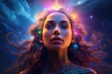Intuitive Spiritual ethereal young girl galaxy. Cute person star portrait face. Generate Ai