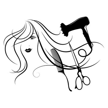 recommend clip art: Silhouette of a girl with beautiful curls of hair and scissors comb hairdryer