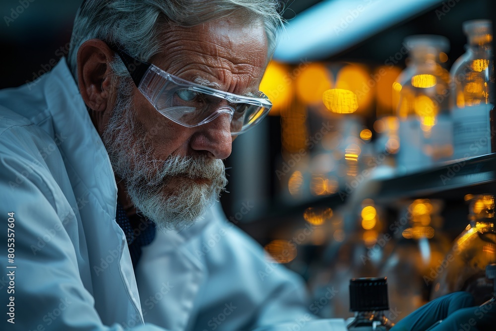 Poster an image captured in a laboratory where a focused scientist engages with analytical equipment, embod