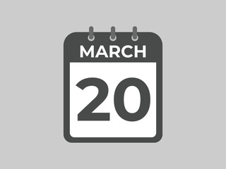 March 20 calendar reminder. 20 March daily calendar icon template. Calendar 20 March icon Design template. Vector illustration

