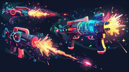 Modern set of space guns, explosions, lasers with plasmic beams, alien weapons, gaming comic phasers with fiery lightnings, fireballs, with an array of VFX effects.