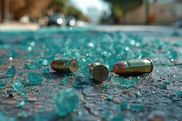 Striking image of spent bullet casings among shattered glass, evoking a sense of aftermath of violence