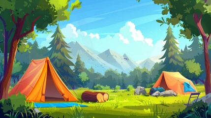 Camping tents with traveler drying clothes, backpack, logs, chair and mat on green field at autumn woods scene, Cartoon modern illustration.