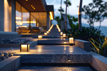 An inviting pathway leading to a modern villa, where each step is illuminated by ground lights,...