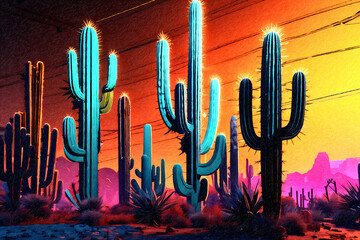 cacti is illuminated in neon colors, PAINTING ILLUSTRATION IA