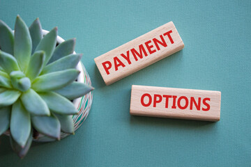 Payment Options symbol. Concept words Payment Options on wooden blocks. Beautiful grey green...