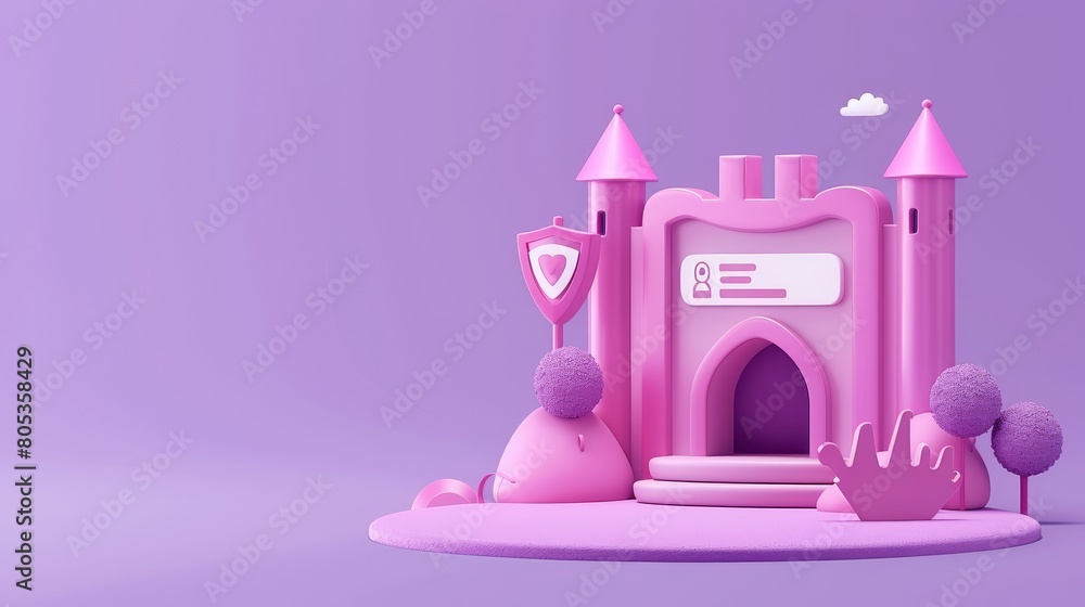 Poster 3d rendering of a website account access form with username and password on purple background. conce