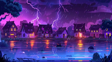 A night suburban town with cottages. Natural disaster rains, storms, and lightning in the countryside. River water flowing down the street, Cartoon modern illustration.