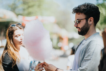A joyful scene of multiracial friends sharing a moment of happiness with cotton candy at a park on a sunny day, smiling and enjoying their free time together.