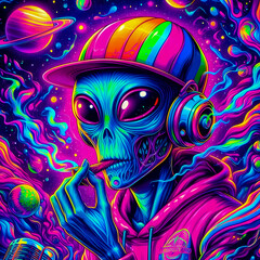 digital art vibrant colorful psychedelic cool hiphop alien smoking a blunt