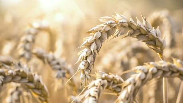 ears of wheat sway in the wind on a field on a sunny day, close up