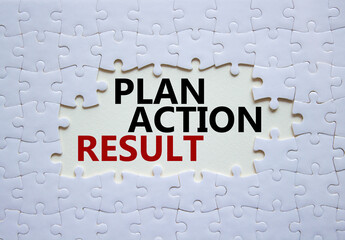 Plan Action Result symbol. Concept words Plan Action Result on white puzzle. Beautiful white...
