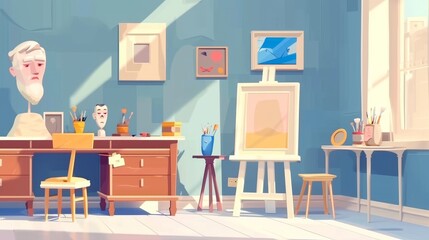 Artist studio interior with stuff and furniture. Picture on easel, canvas, cupboard with paints, still life composition, plaster head and figure, frames, Cartoon modern illustration.