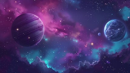 An intricate 3D modern illustration of a realistic space background with planets, stars, and clouds. Fantasy heaven, cosmos panorama landscape, far universe, infinite world.