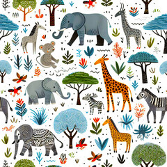 Seamless pattern various different african wildlife animals trees white background.
