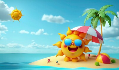 a happy sun wearing sunglasses and holding a beach ball on an island with a palm tree with copy space for text.  Can be used for summer sale banner or summer ad banner and social media