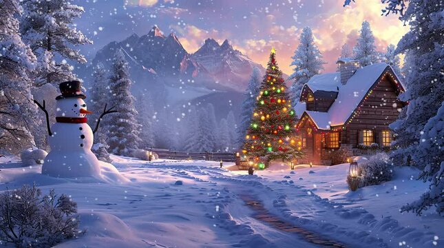 Enchanting winter wonderland: Snow-covered landscape with a cozy house nestled in the forest
Seamless looping 4k time-lapse virtual video animation background. Generated AI