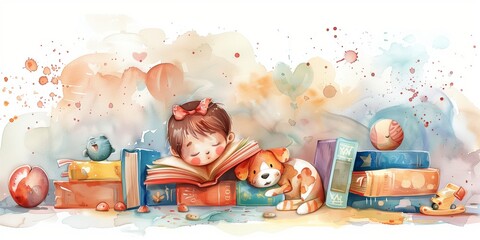 Watercolor Illustration of a girl reading nearby a stack of books. Exploration and imaginative illustration, banner, with space for text, background.