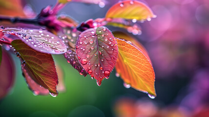 Water Drops on Leaves.  Generated Image.  A digital rendering of drops of rain on leaves in a closeup view.