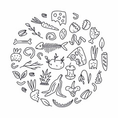 Illustration in the shape of a circle, organic waste, food compost garbage, hand-drawn in the style of doodles