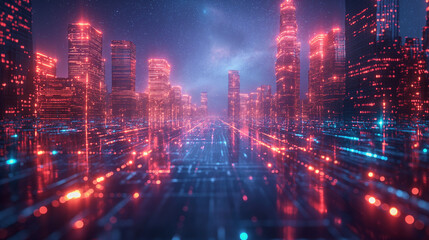 Panoramic urban architecture, cityscape with space and neon light effects. Modern hi-tech, science, futuristic technology concept. Abstract digital high-tech city design for banner background. 