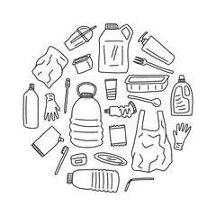 A circular illustration of plastic garbage, hand-drawn in the style of doodles. Recycling of plastic products.