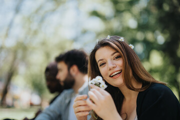 A beautiful image capturing a group of multiracial friends in a park, sharing smiles and happiness during a leisurely outdoor gathering.