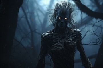 Chilling Man spooky forest. Horror scary fog. Generate Ai