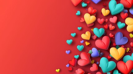 Template for Valentine's Day sale banner design with colorful hearts on red background. Best prices for holiday shopping. Marketing material design.