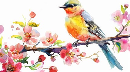 A charming watercolor painting of a colorful bird perched on a blooming branch, Clipart minimal watercolor isolated on white background