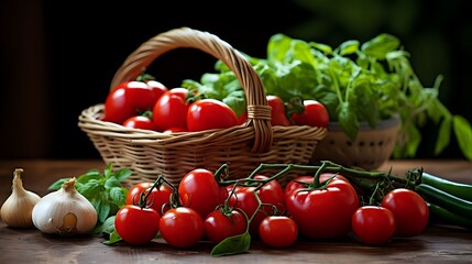 A basket of fresh, ripe tomatoes with basil and garlic on a woo