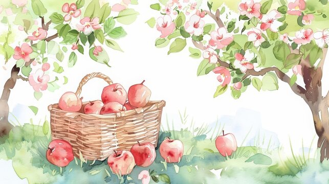 A charming watercolor painting of a picnic basket under a blossoming apple tree, Clipart minimal watercolor isolated on white background