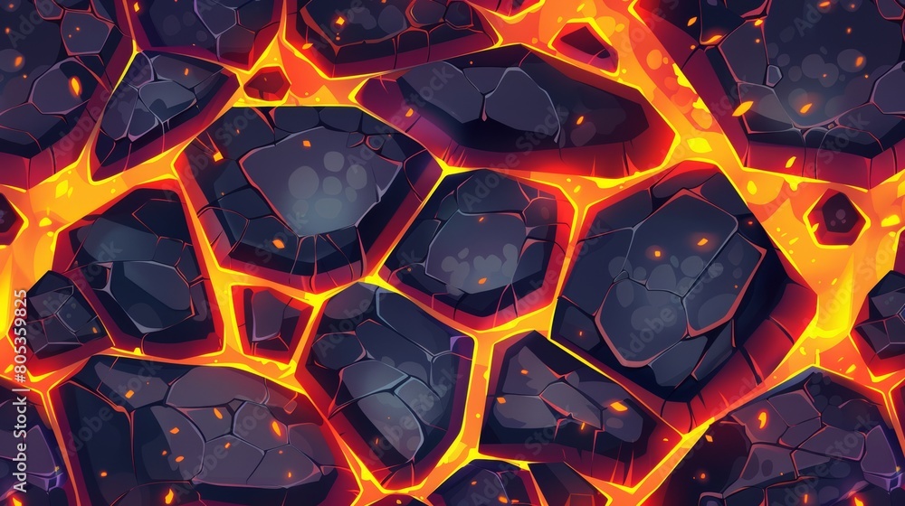 Poster illustration of seamless patterns of color lava with hexagonal stones. fantasy volcanic ground with 